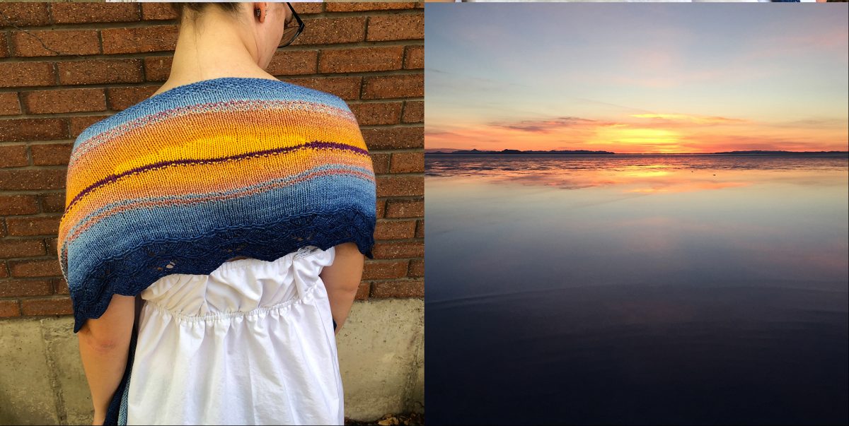 Two images of a knitted shawl and a beach sunset.
