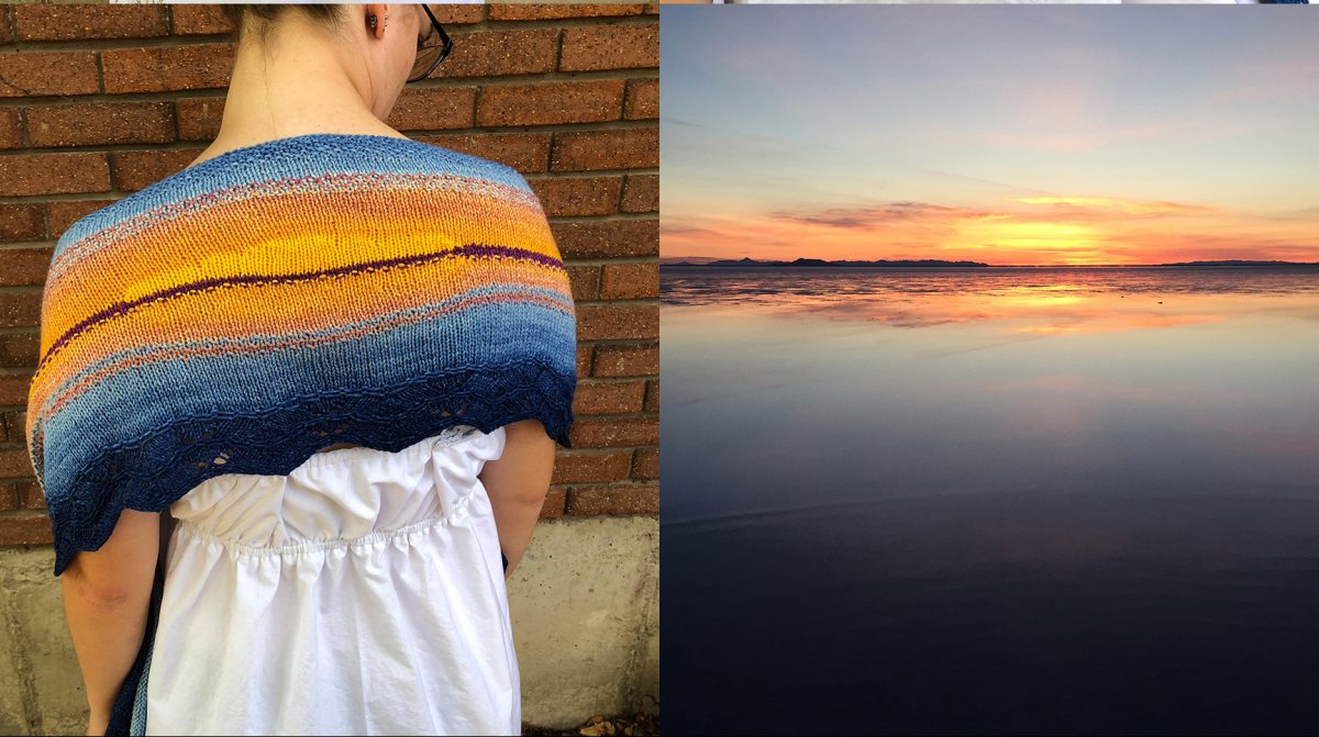 Two images of a knitted shawl and a beach sunset.