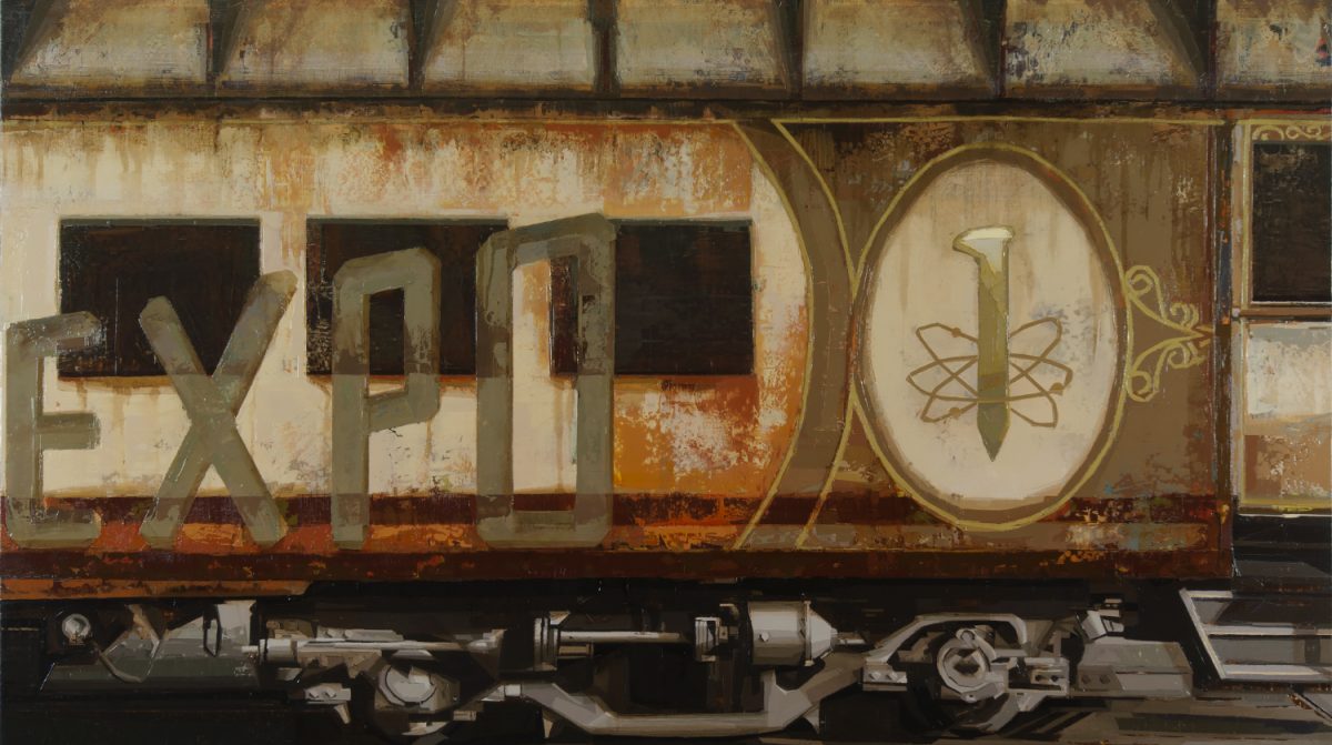 A painting of a railcar with the for "EXPO" on it.