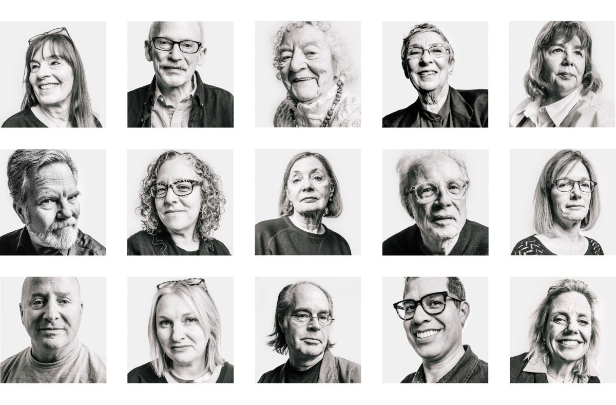 A 5 by 3 grid of black and white photos of people.