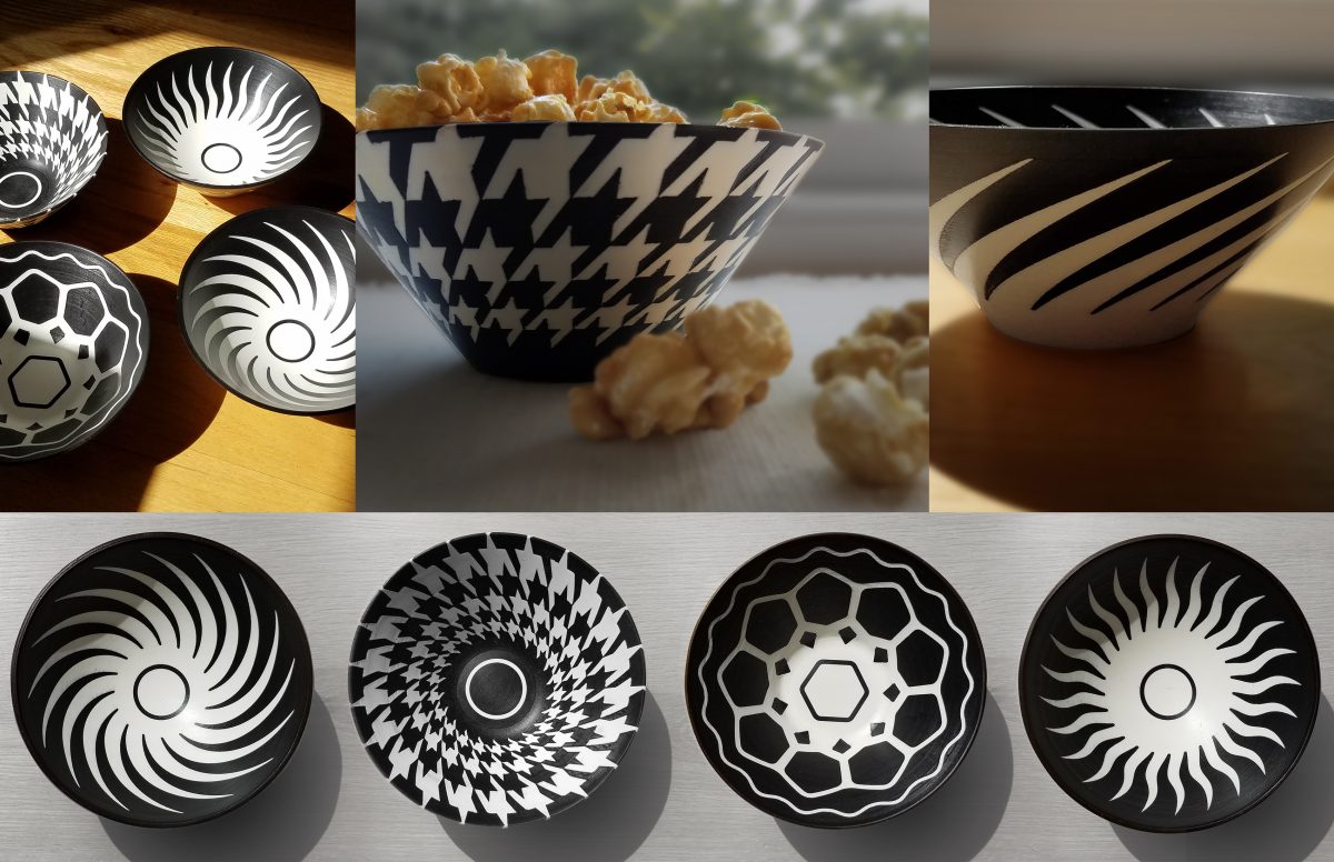 Images of black and white bowls with geometric designs.
