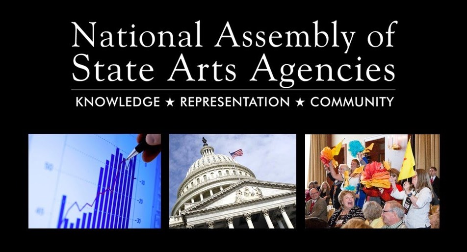 National Assembly of State Arts Agencies logo with photos of a bar graph, the U.S. Capitol, and people celebrating in a meeting.