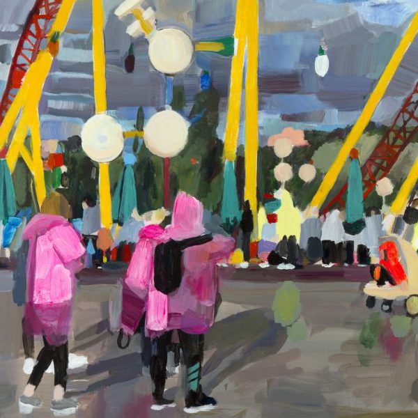A painting of people in brightly colored clothing in an amusement park near a roller coaster.
